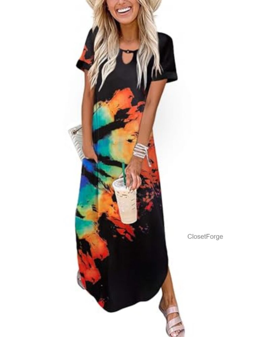 Loose Maxi Dress with Pockets Crewneck Short Sleeve